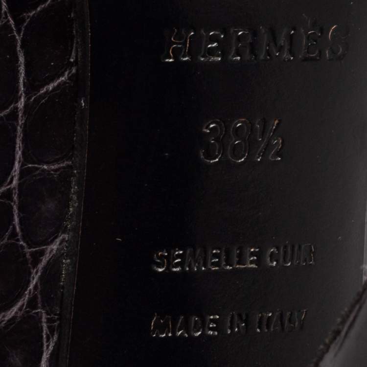 مملوكة مسبقًا Hermes Black Croc Embossed Leather Lace-Up Oxford Ankle Booties Size 38.5