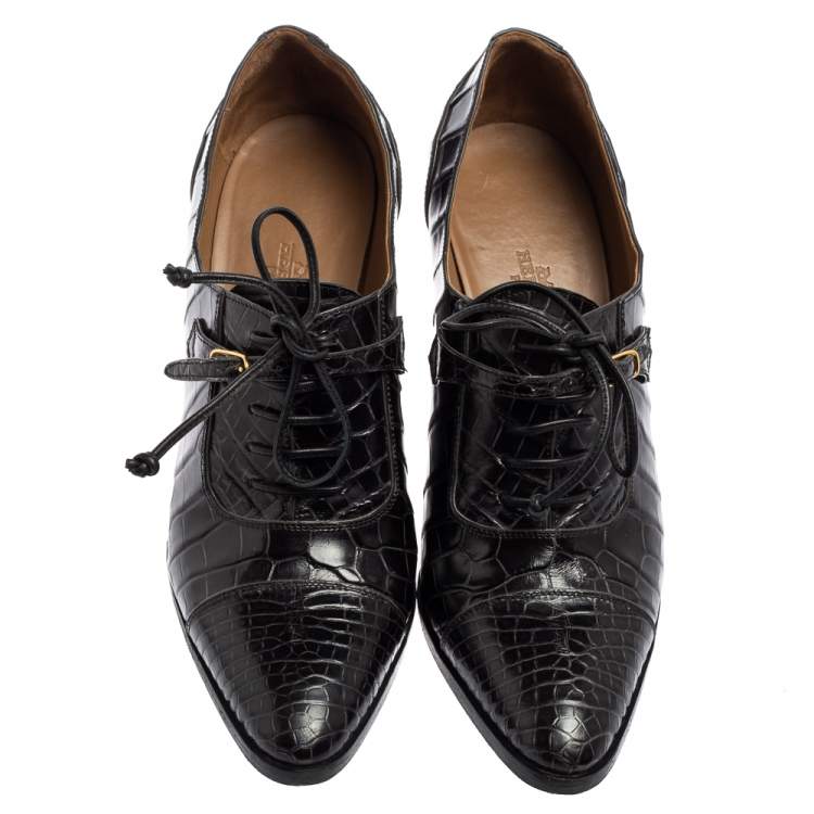مملوكة مسبقًا Hermes Black Croc Embossed Leather Lace-Up Oxford Ankle Booties Size 38.5