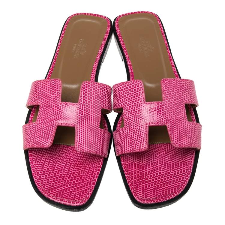 Pre Owned Hermes Pink Lizard Leather Oran Flats Size 37.5 