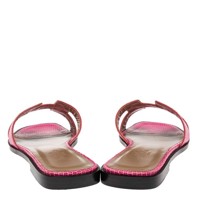 Pre Owned Hermes Pink Lizard Leather Oran Flats Size 37.5 