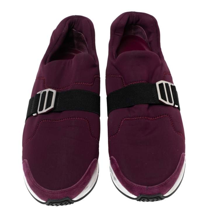Pre Owned Hermès Burgundy Neoprene and Leather Elastic Buckle Strap Run Slip-On Sneakers Size 36.5