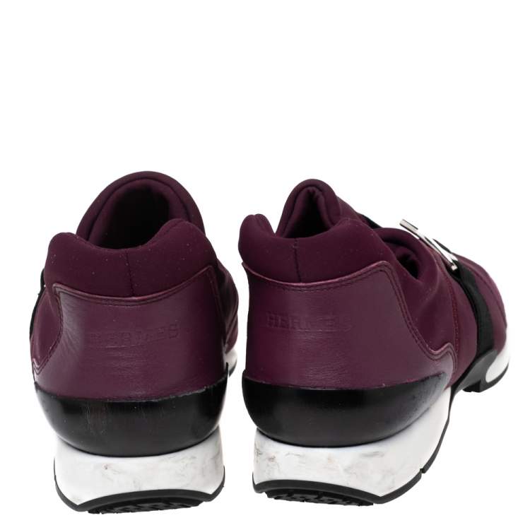 Pre Owned Hermès Burgundy Neoprene and Leather Elastic Buckle Strap Run Slip-On Sneakers Size 36.5