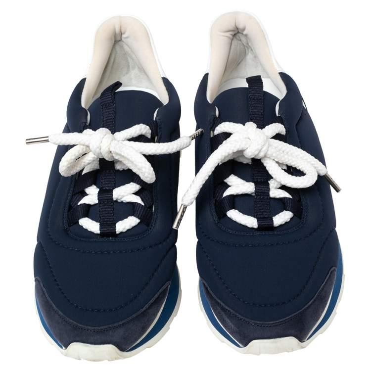 Pre Owned Hermes Navy Blue/White Nylon And Leather Buster Low Top Sneakers Size 36