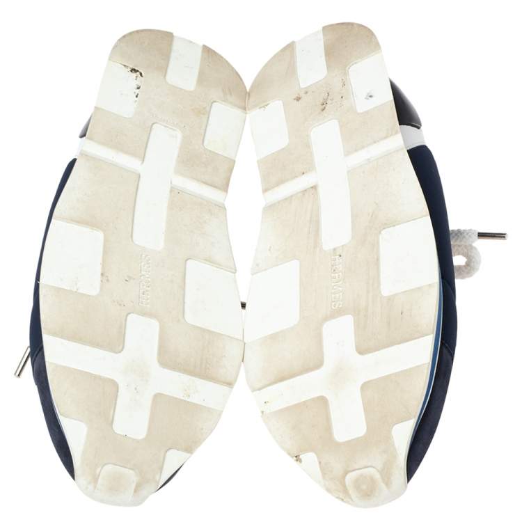Pre Owned Hermes Navy Blue/White Nylon And Leather Buster Low Top Sneakers Size 36