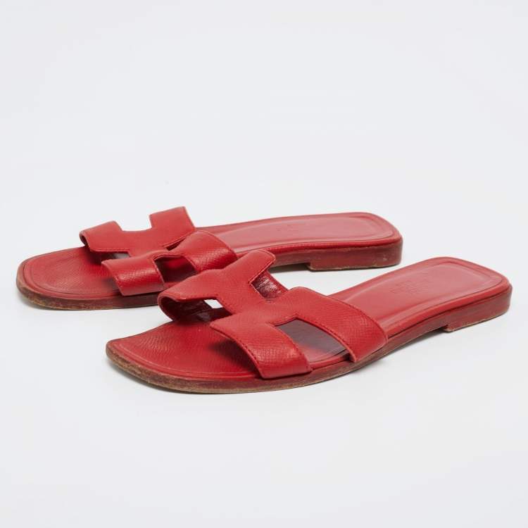Pre Owned Hermes Red Leather Oran Flat Slides Size 36