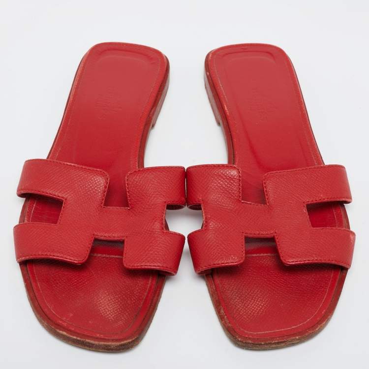 Pre Owned Hermes Red Leather Oran Flat Slides Size 36