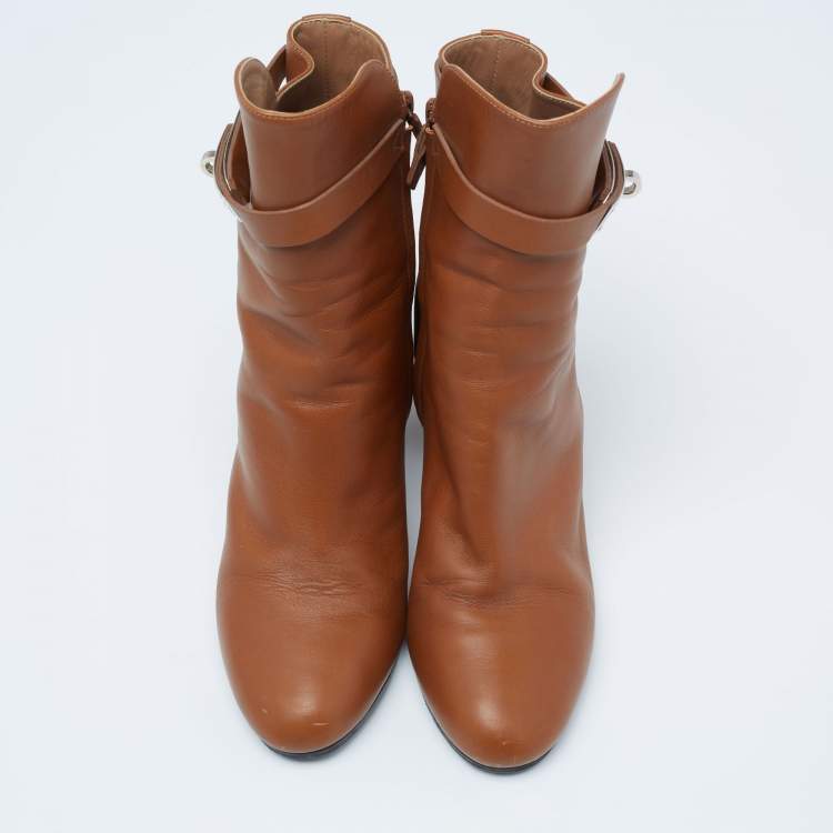 Pre Owned Hermes Brown Leather Joueuse Ankle Boots Size 37.5