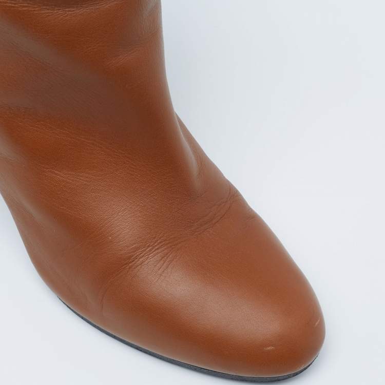 Pre Owned Hermes Brown Leather Joueuse Ankle Boots Size 37.5