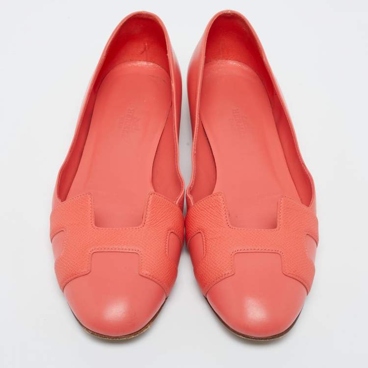 Pre Owned Hermès Coral Leather Nice Ballet Flats Size 37