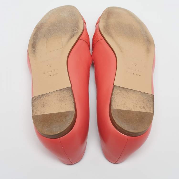 Pre Owned Hermès Coral Leather Nice Ballet Flats Size 37