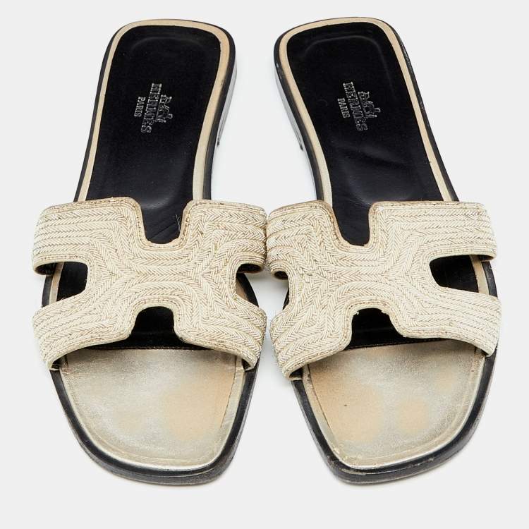Pre Owned Hermes Metallic Twisted Metal Thread Oran Flats Size 37.5