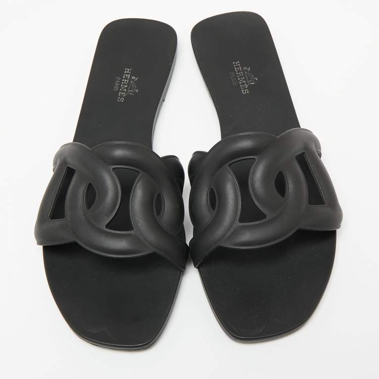 Pre Owned Hermes Black Rubber Aloha Flat Slides Size 39