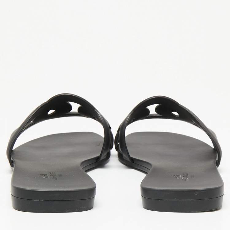Pre Owned Hermes Black Rubber Aloha Flat Slides Size 39