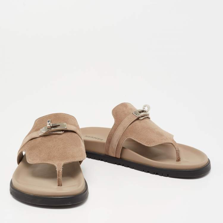 Pre Owned Hermes Beige Suede Empire Flat Slides Size 38