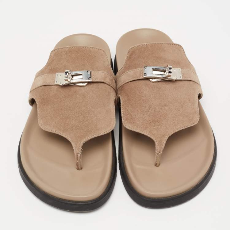 Pre Owned Hermes Beige Suede Empire Flat Slides Size 38
