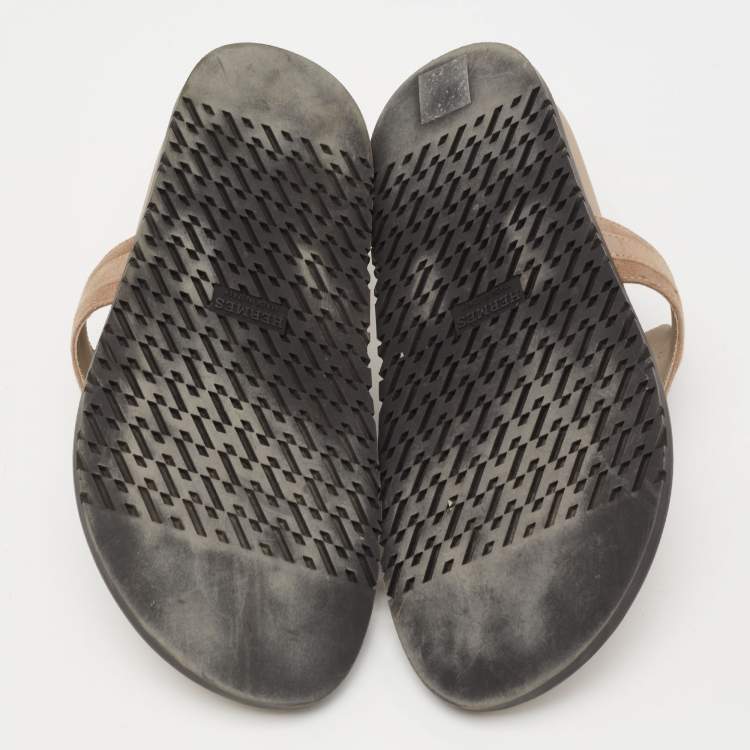 Pre Owned Hermes Beige Suede Empire Flat Slides Size 38