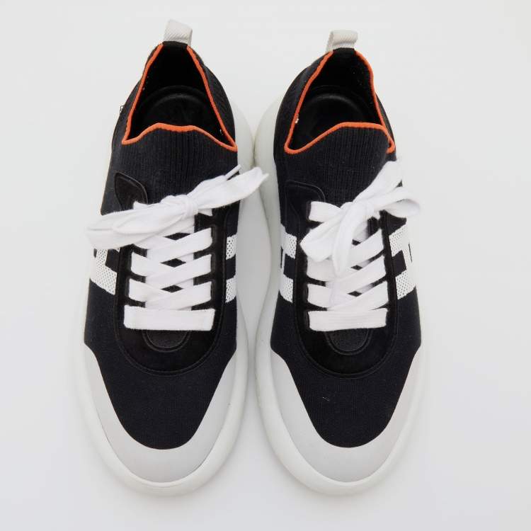 Pre Owned Hermes Black/White Suede And Knit Fabric Low Top Sneakers Size 39.5