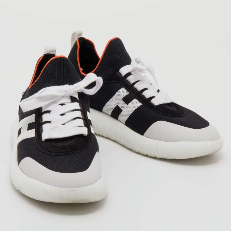 Pre Owned Hermes Black/White Suede And Knit Fabric Low Top Sneakers Size 39.5