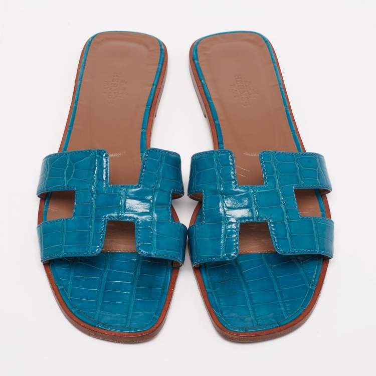 Pre Owned Hermes  Turquoise Blue Croc Embossed Leather Oran Sandals Size 37.5