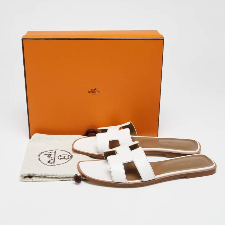 Pre Owned Hermes White Leather Oran Flat Slide Sandals Size 41