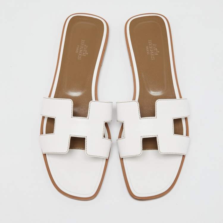 Pre Owned Hermes White Leather Oran Flat Slide Sandals Size 41