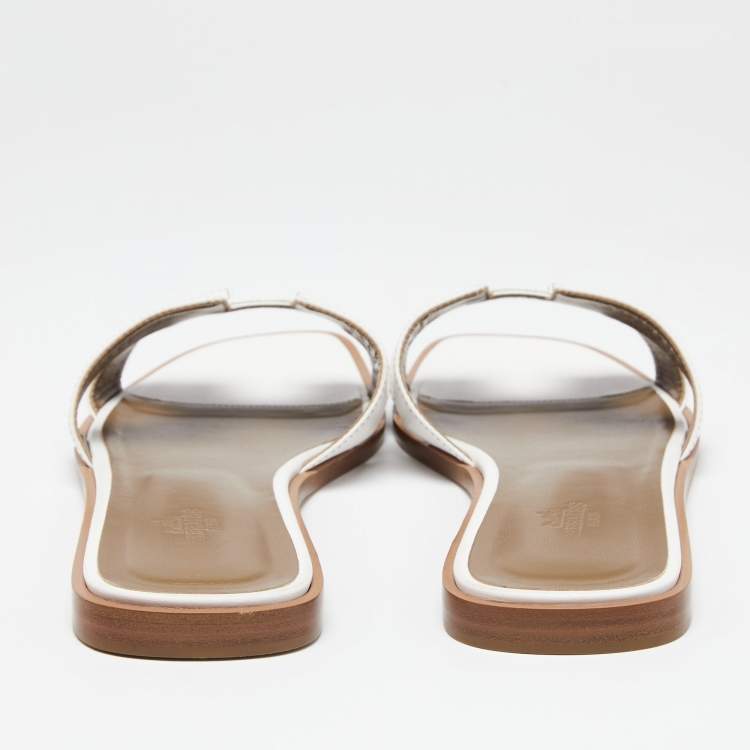 Pre Owned Hermes White Leather Oran Flat Slide Sandals Size 41