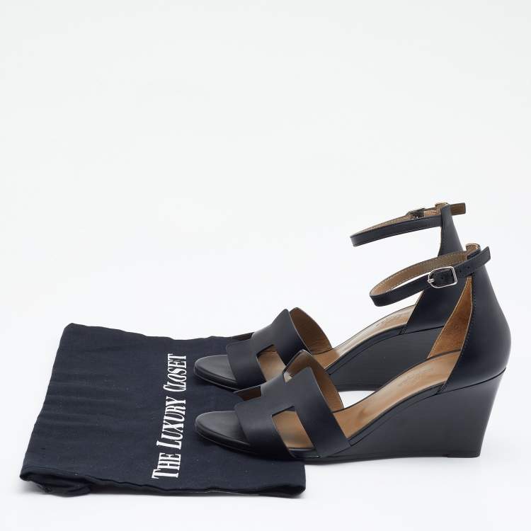 Pre Owned Hermes Black Leather Legend Ankle Strap Wedge Sandals Size 37