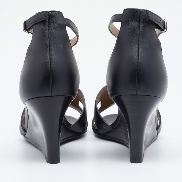 Pre Owned Hermes Black Leather Legend Ankle Strap Wedge Sandals Size 37