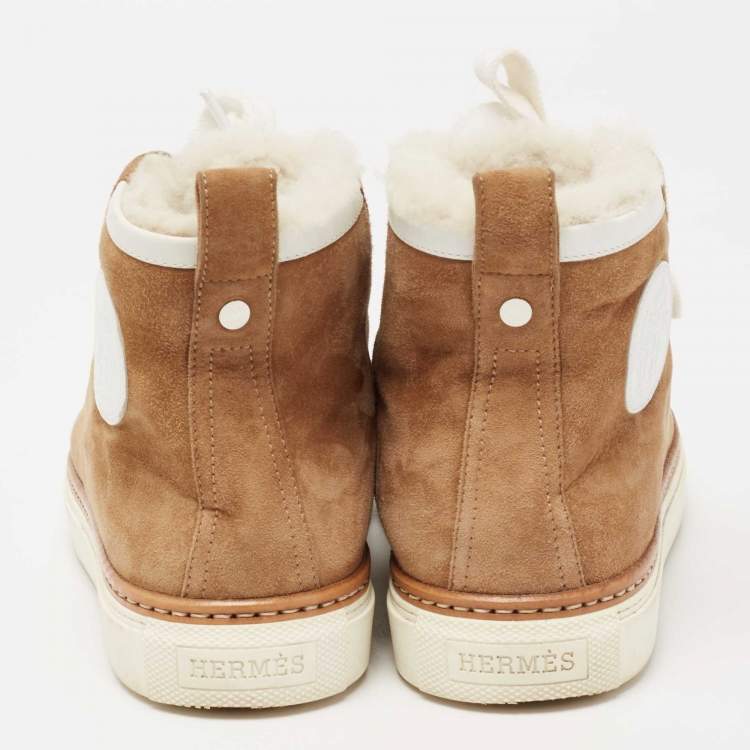 Pre Owned Hermes Brown/White Suede And Leather Sneakers Size 37.5