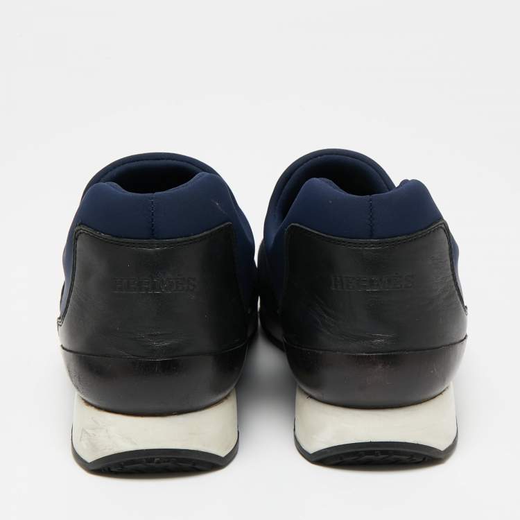Pre Owned Hermes Black/Navy Blue Neoprene And Leather Run Sneakers Size 39
