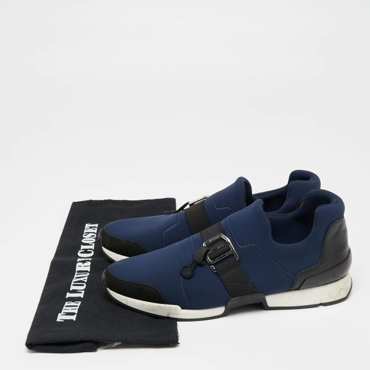 Pre Owned Hermes Black/Navy Blue Neoprene And Leather Run Sneakers Size 39
