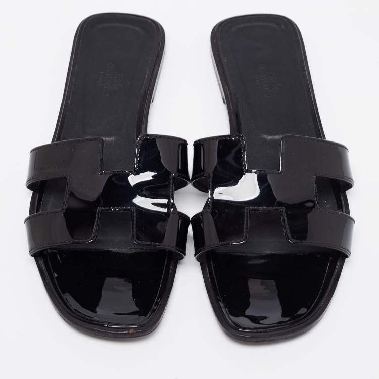 Pre Owned Hermes Black Patent Leather Oran Flats Size 38.5