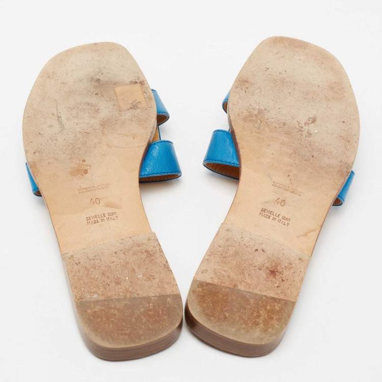 مملوكة مسبقًا Hermes Blue Leather Oran Flat Slides Size 40 