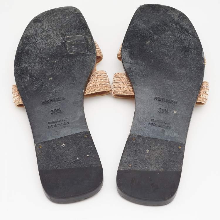 Pre Owned Hermes Blush Pink Twill Oran Herringbone Dabka Slide Flats Size 38.5