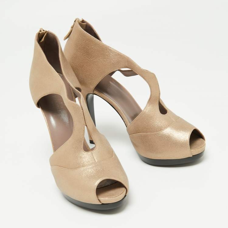 Pre Owned Hermes Metallic Gold Leather Peep Toe Platform Sandals Size 39