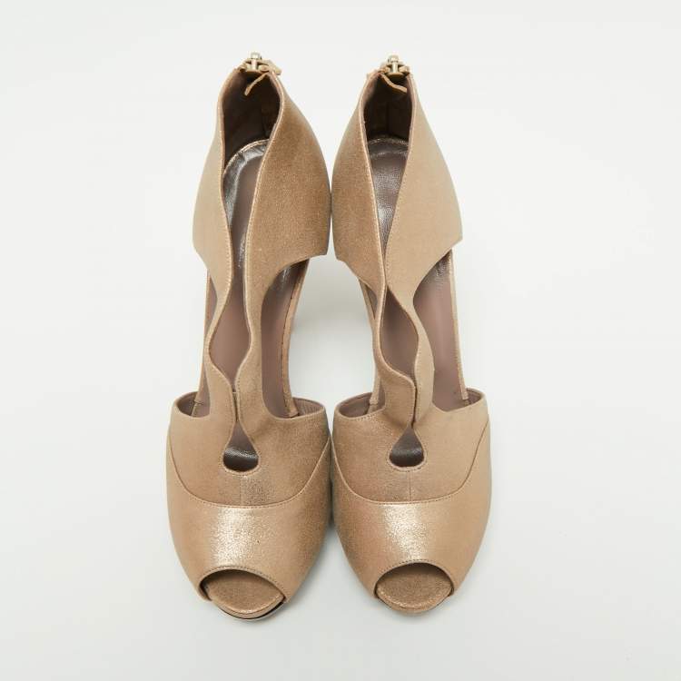 Pre Owned Hermes Metallic Gold Leather Peep Toe Platform Sandals Size 39