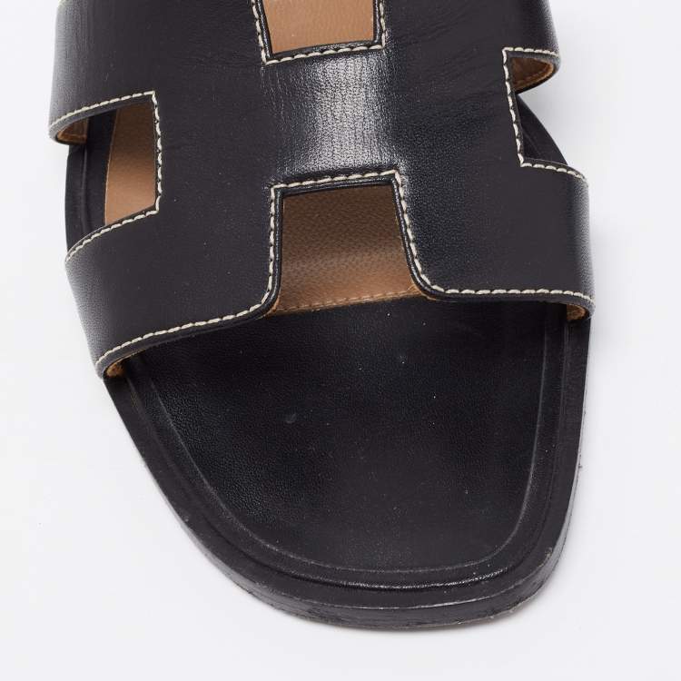 Pre Owned Hermes Black Leather Oran Flats Size 37