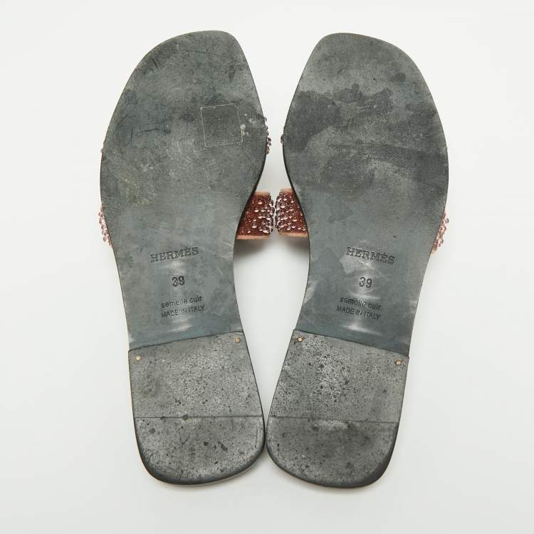 Pre Owned Hermes Brown Glitter Embellished  Oran Flat Sandals Size 39