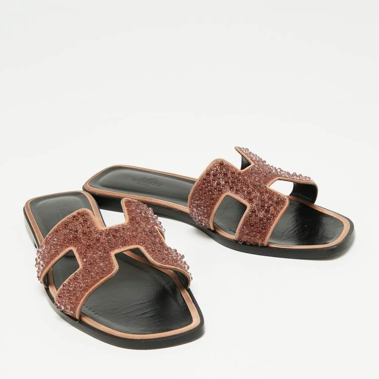Pre Owned Hermes Brown Glitter Embellished  Oran Flat Sandals Size 39