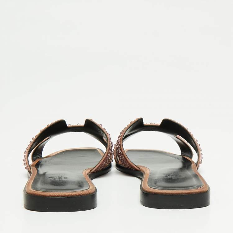 Pre Owned Hermes Brown Glitter Embellished  Oran Flat Sandals Size 39