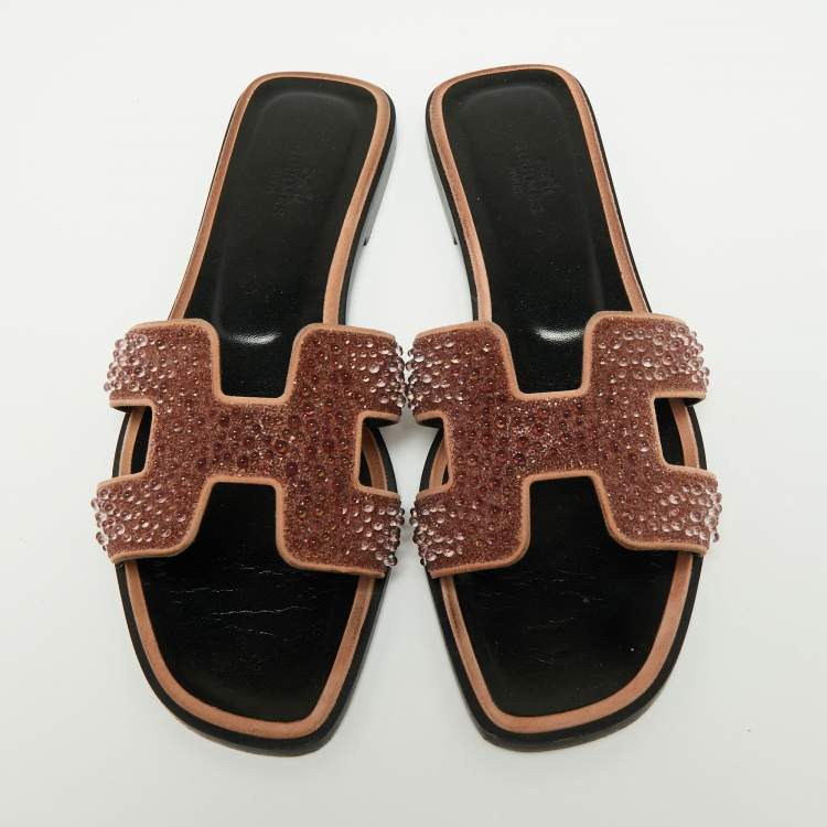Pre Owned Hermes Brown Glitter Embellished  Oran Flat Sandals Size 39