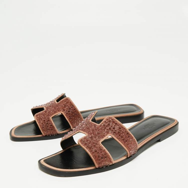 Pre Owned Hermes Brown Glitter Embellished  Oran Flat Sandals Size 39