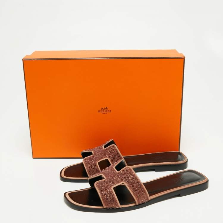 Pre Owned Hermes Brown Glitter Embellished  Oran Flat Sandals Size 39