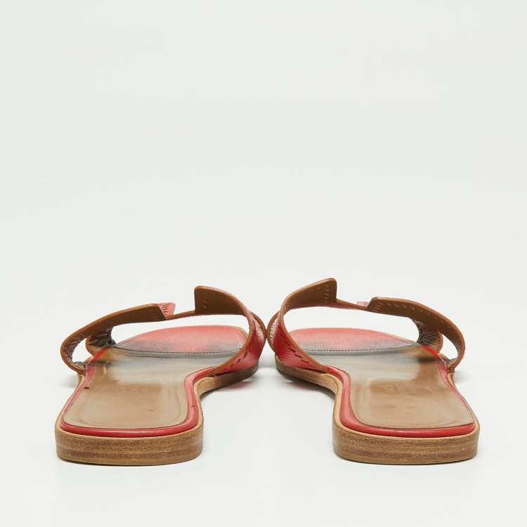 Pre Owned Hermes Orange Patent Leather Perforated Oran Flats Size 40.5