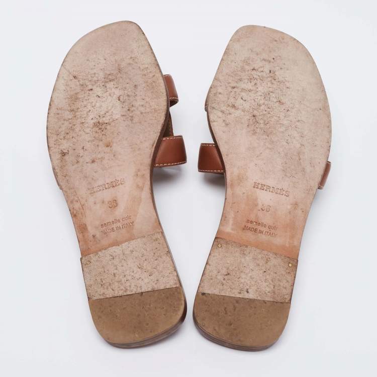 Pre Owned Hermes Brown Leather Oran Flat Slides Size 36