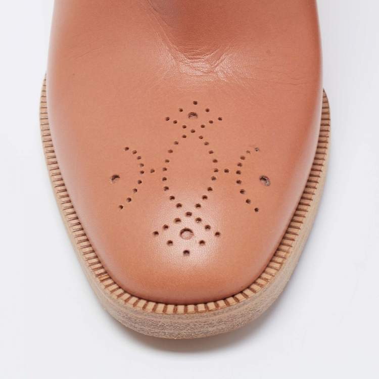 Pre Owned Hermes Light Brown Leather Block Heel Pumps Size 38