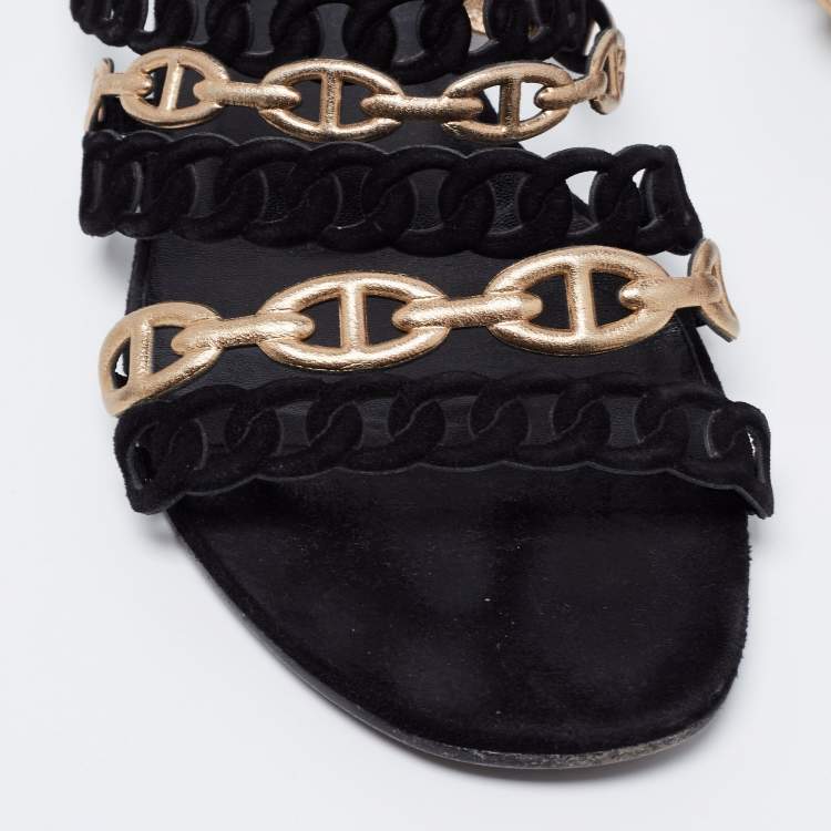Pre Owned Hermès Black/Gold Suede and Leather D'ancre Chaine Flat Slides Size 39