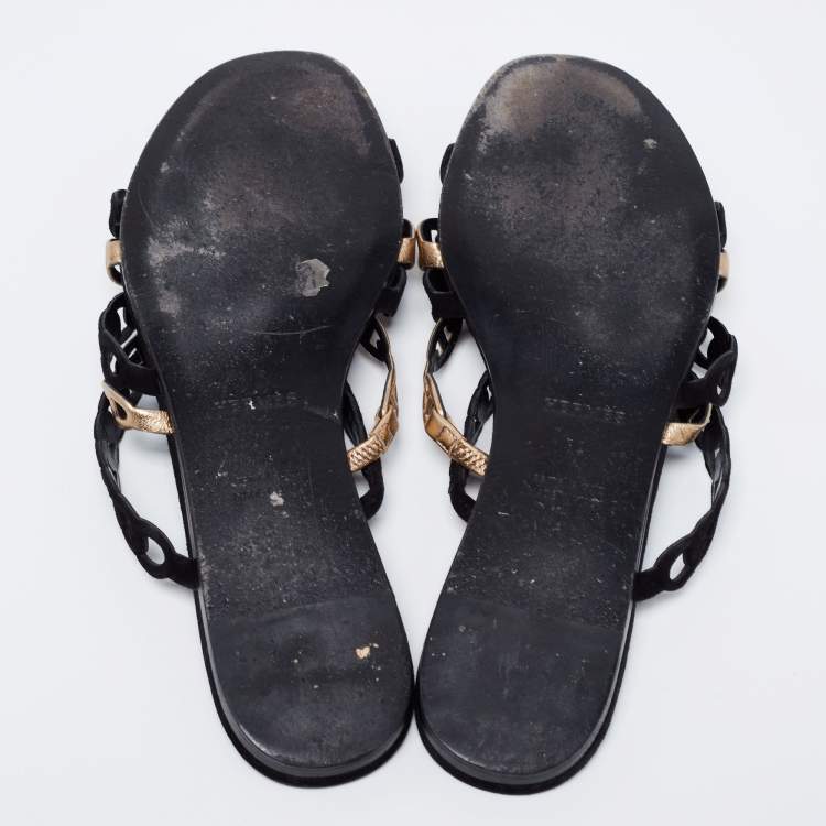 Pre Owned Hermès Black/Gold Suede and Leather D'ancre Chaine Flat Slides Size 39