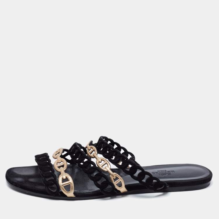 Pre Owned Hermès Black/Gold Suede and Leather D'ancre Chaine Flat Slides Size 39