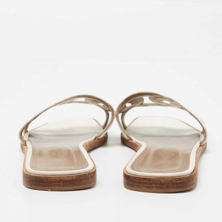 Pre Owned Hermes White Leather Omaha Flat Slides Size 40